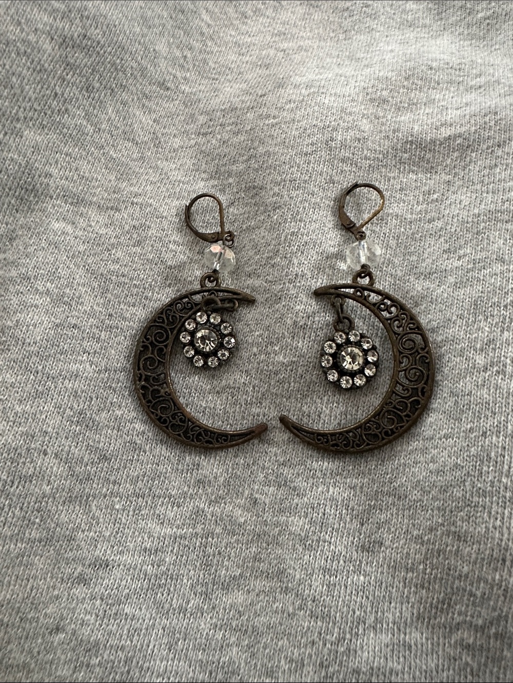 Antique Bronze Crescent Moon Crystal Drop Earrings - Unbranded